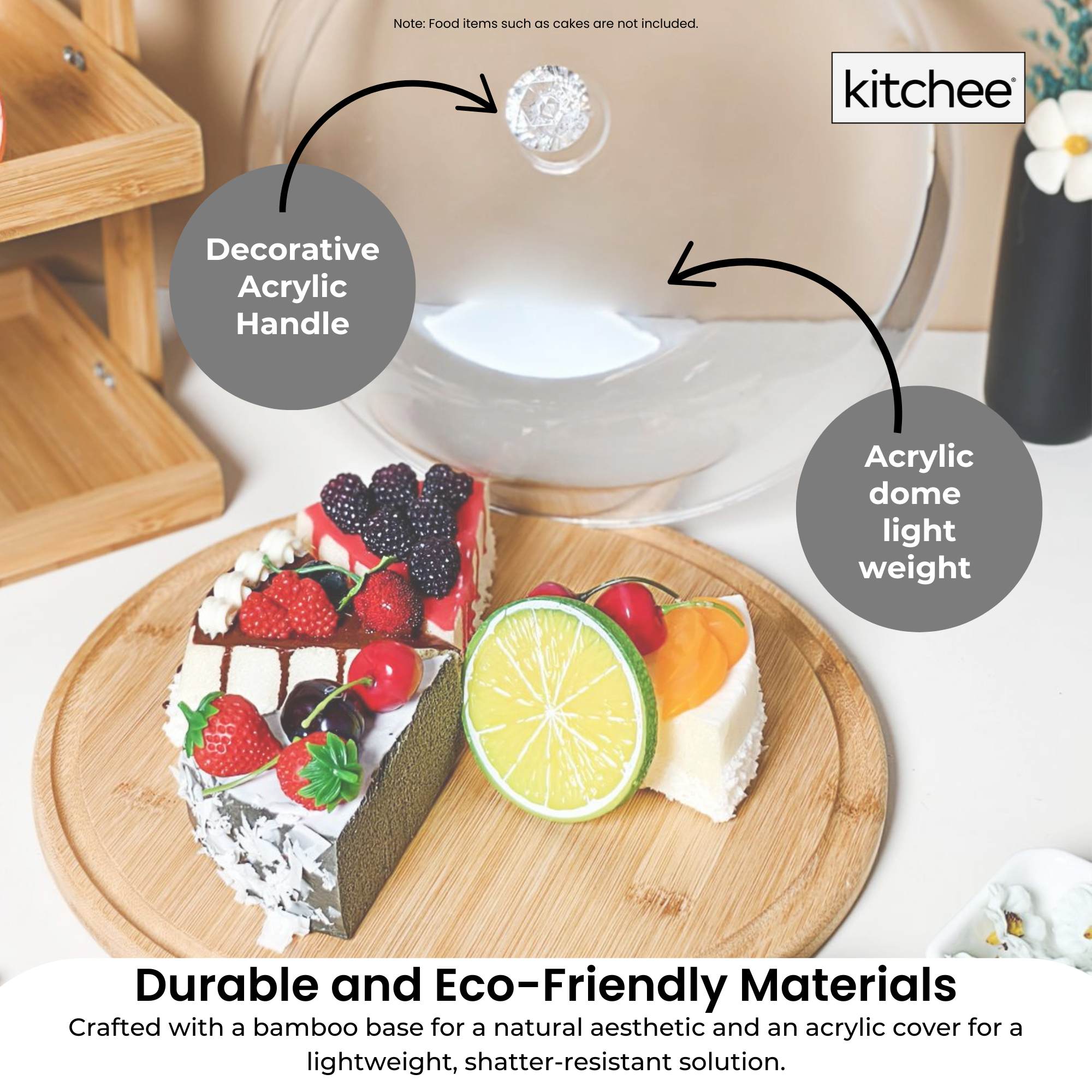 Kitchee 30cm Bamboo Cake Stand + Dome Acrylic Cover - Dessert Display Plate — image 3