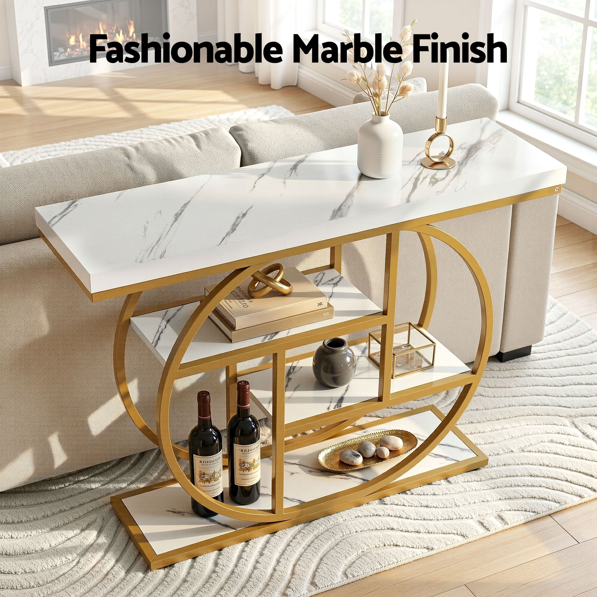 Artiss Console Table Marble Effect 4-Tier Shelves 105CM White&Gold — image 5