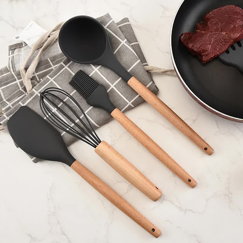 Red And Brown 12-Piece Silicone Kitchen Utensil Set - Non-Stick Food-Grade Silicone Cooking Tools with Wooden Handles and Holder โ image 3