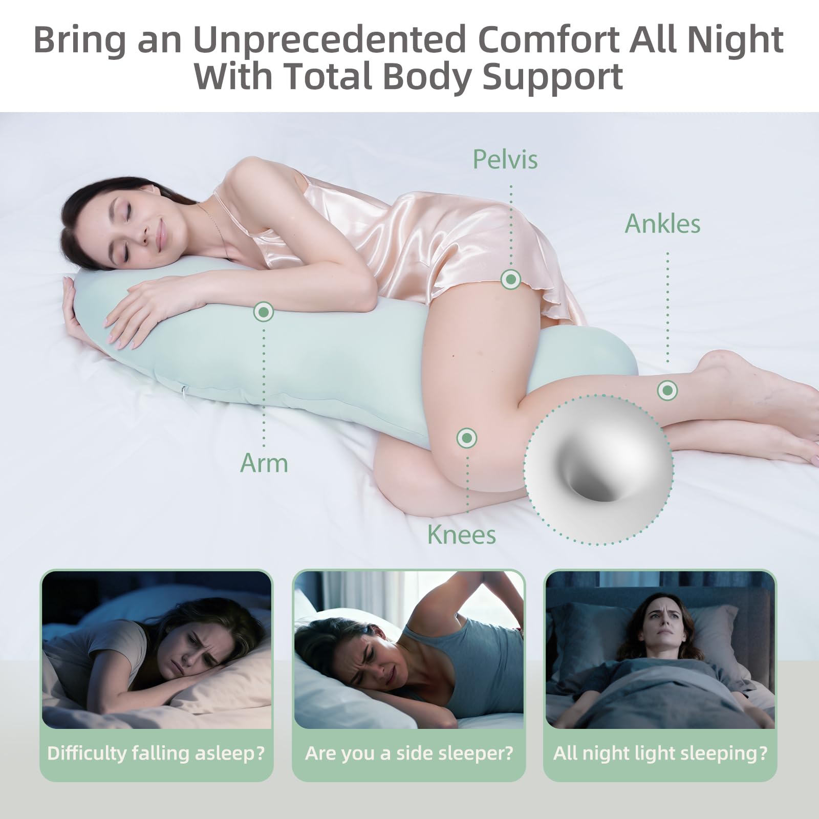 Pea Pod Shape Body Pillow for Adults – Full-Body Support Side Sleeper Pillow, Pregnancy & Back Pain Relief, Soft Hug Pillow with Memory Fiber Filling (Light — image 4
