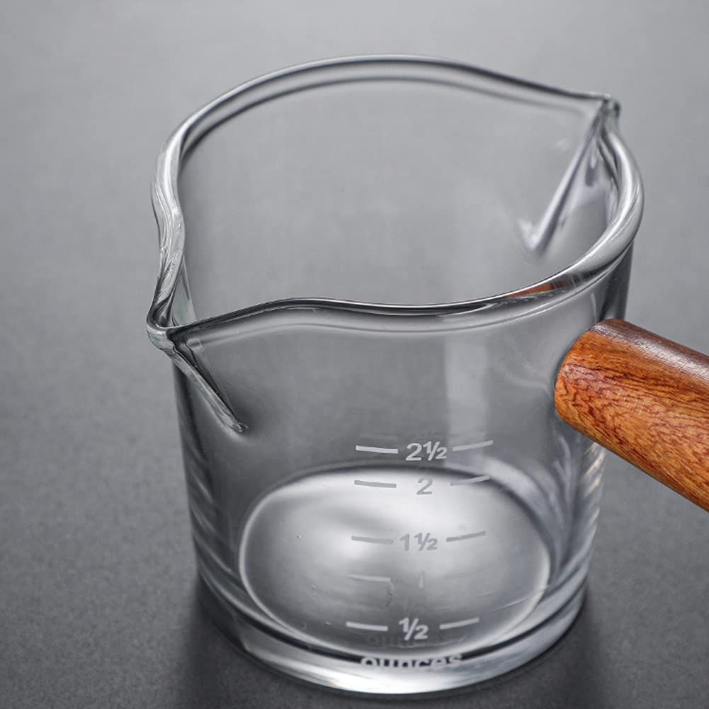 Wooden handle glass measuring cup, heat-resistant double mouthed milk coffee cup, transparent scale design — image 3