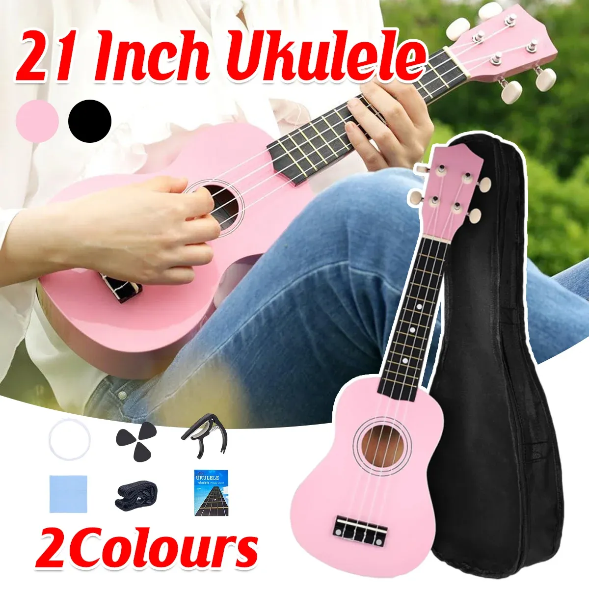 21 Inch Ukulele Beginner 4 String Small Guitar Easy To Learn Clear Sound Use - Pink — image 2