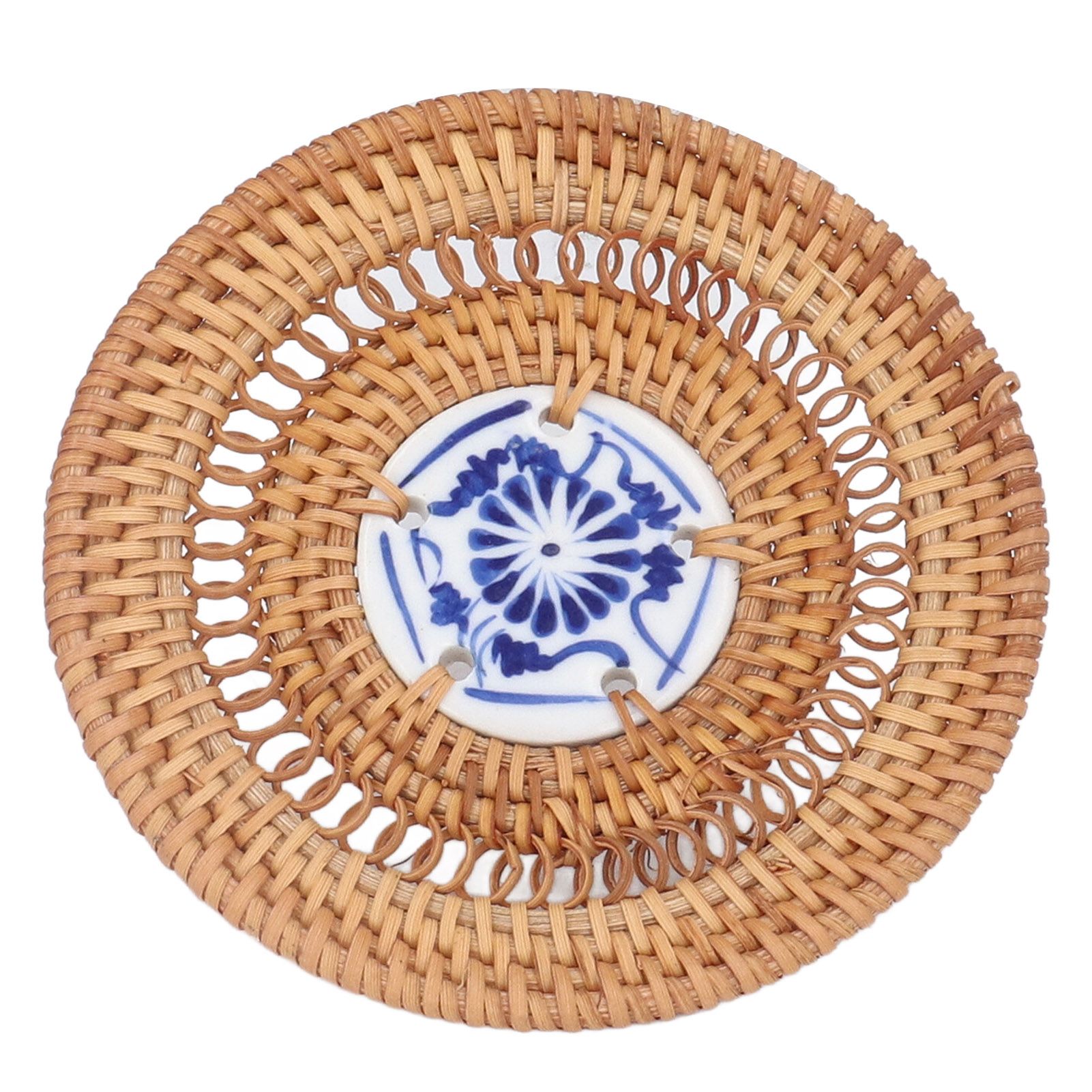 Blue and White Porcelain Coaster Round Woven Rattan Blue White Porcelain Cup Holder for Basil Cups Rattan Cups10cm/3.9in — image 3