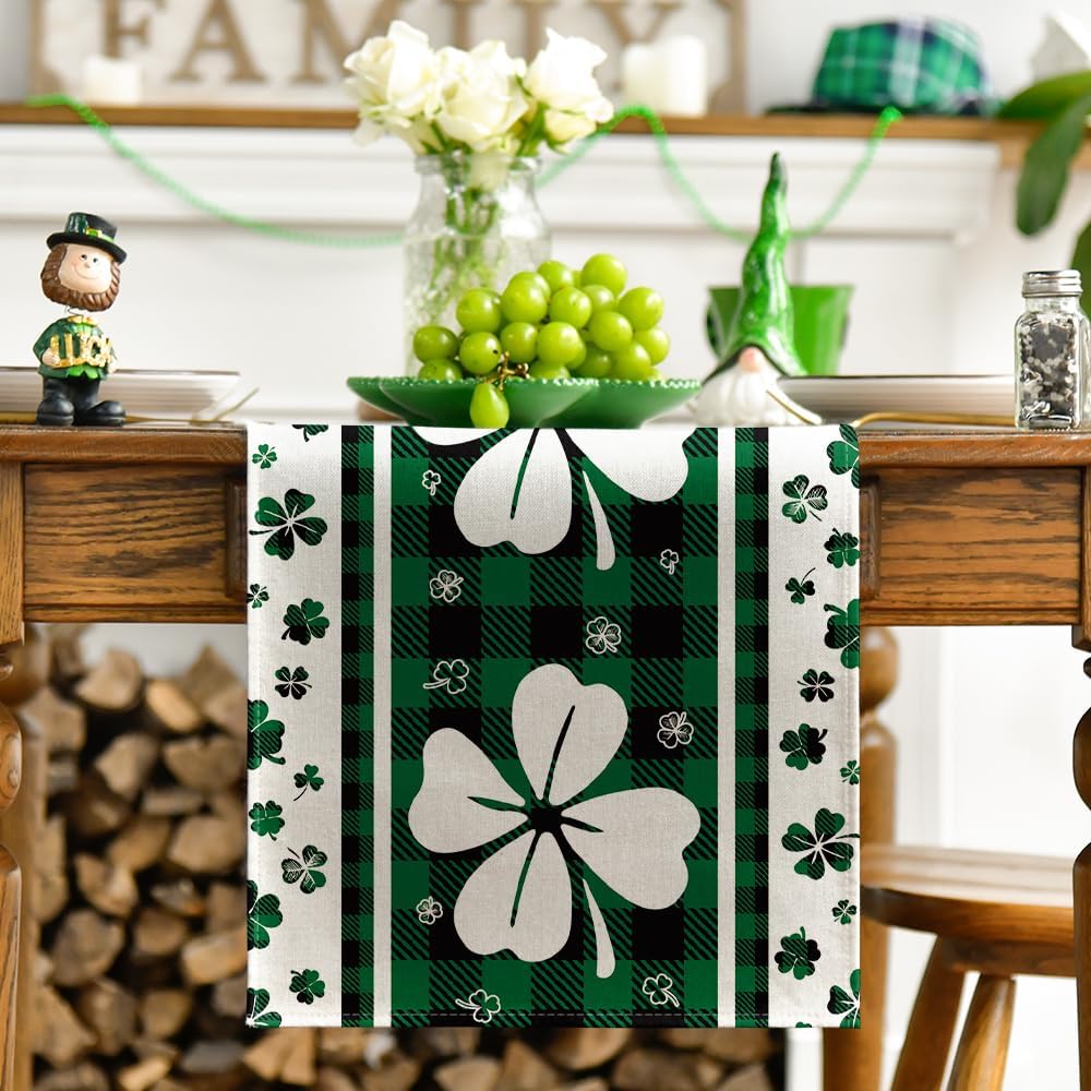 Green Clover Buffalo Plaid Shamrocks St. Patrick's Day Table Runner, Seasonal Kitchen Dining Table Decoration for Indoor Home Party 13 × 72 Inch — image 2