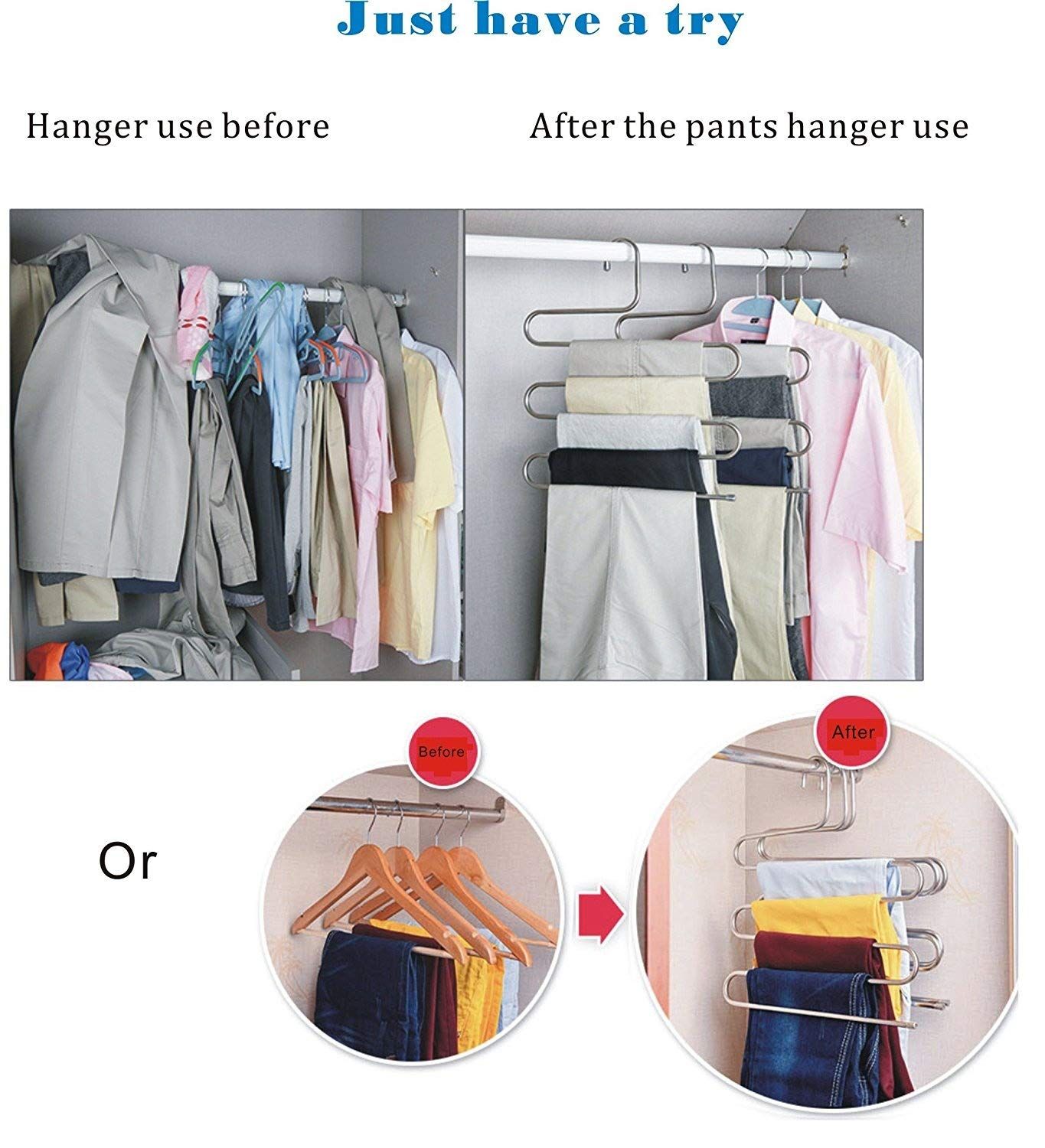 Trousers Rack Closet Hangers Stainless Steel S-Type Pants Hangers Multi Layer Space Saver Storage Rack — image 4