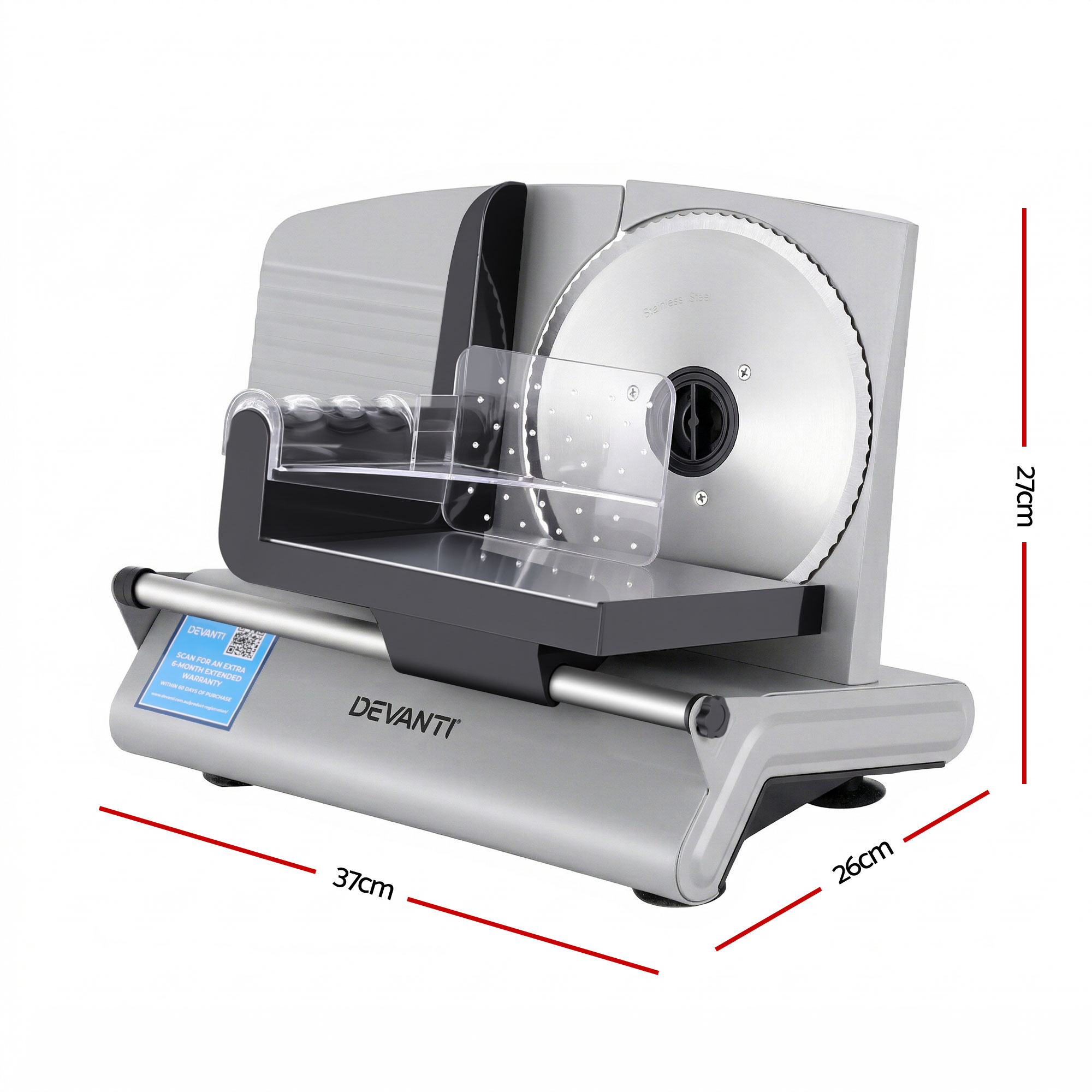 Devanti Meat Slicer Bread Vegetable, 200W Power 0-15mm Adjustable Easy Clean Stable Stainless Steel Blade Food Slicer for Kitchen Commercial, Silver — image 2