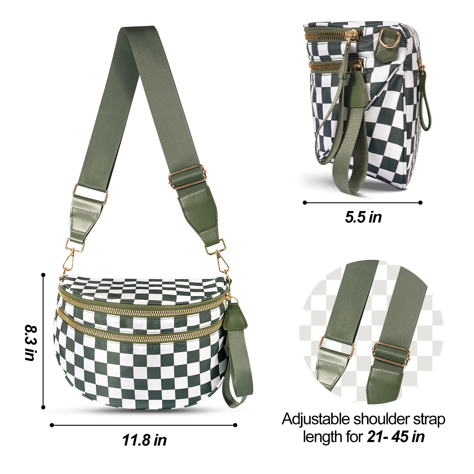 Green Checkered Trendy Sling Bag - Women's Crescent Crossbody Purse with Wide Adjustable Strap โ image 2