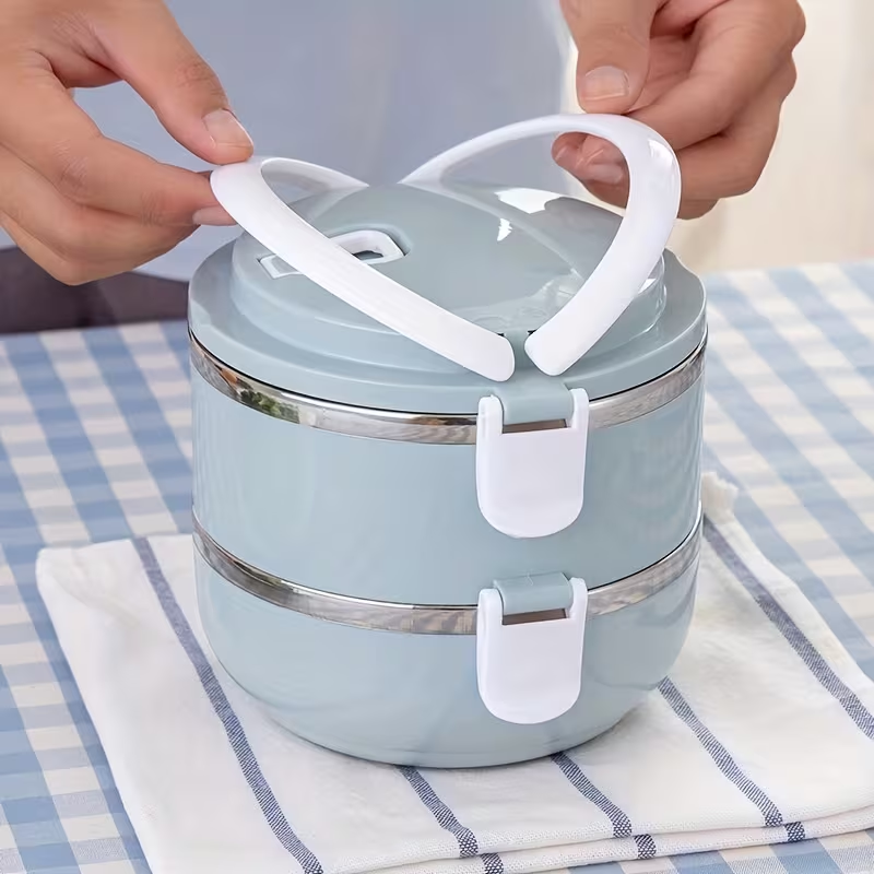 Two-layer circular lunch boxes, stainless steel insulated lunch containers, covered storage containers, suitable for office workers, school trips, camping and
