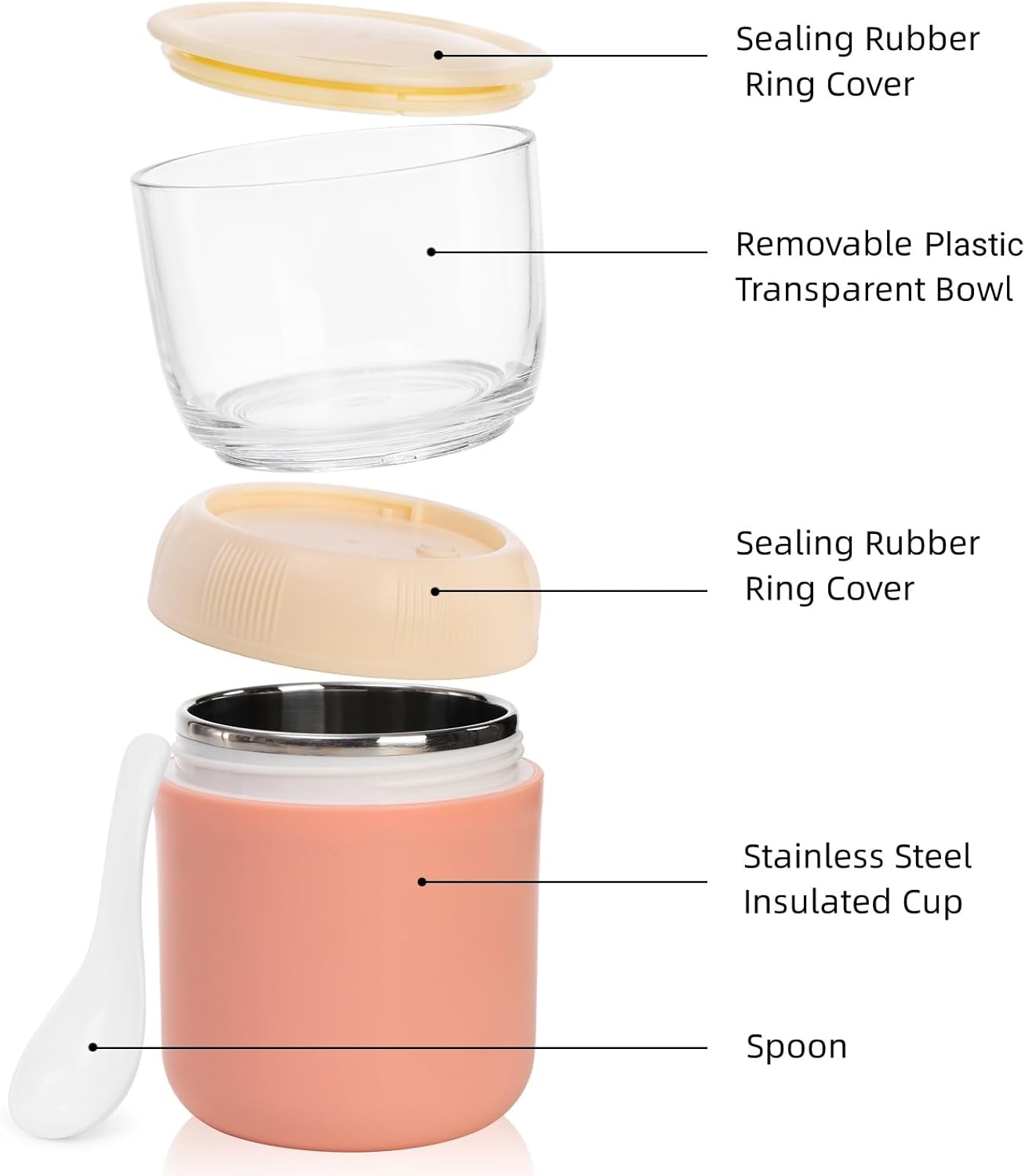 2 Pack Insulated Yogurt Container, 24oz Breakfast On the Go Cup with Plastic Topping Cereal Oatmeal Cup, 2-in-1 Food Storage Jar Lid and Spoon, Overnight Oats โ image 5