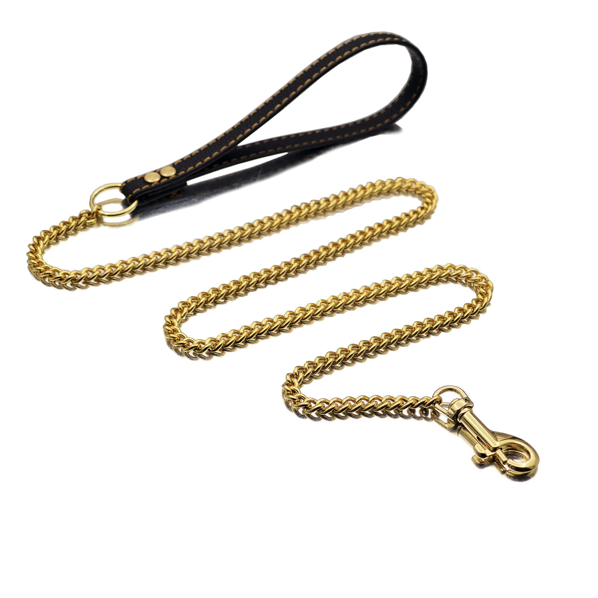 Dog Chain Leather Gold Dog Leather 4FT Stainless Steel 10mm Cuban Chain Dog Leather with Comfortable Handle, Suitable for Small, Medium and Large Dogs — image 4