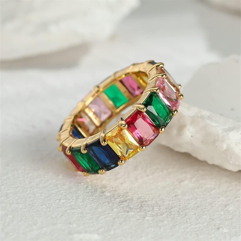 Rainbow Zircon Gemstone Ring Women's Stainless Steel Colourful Ring Size 6-10 - Silver-Multicolor-7 — image 6
