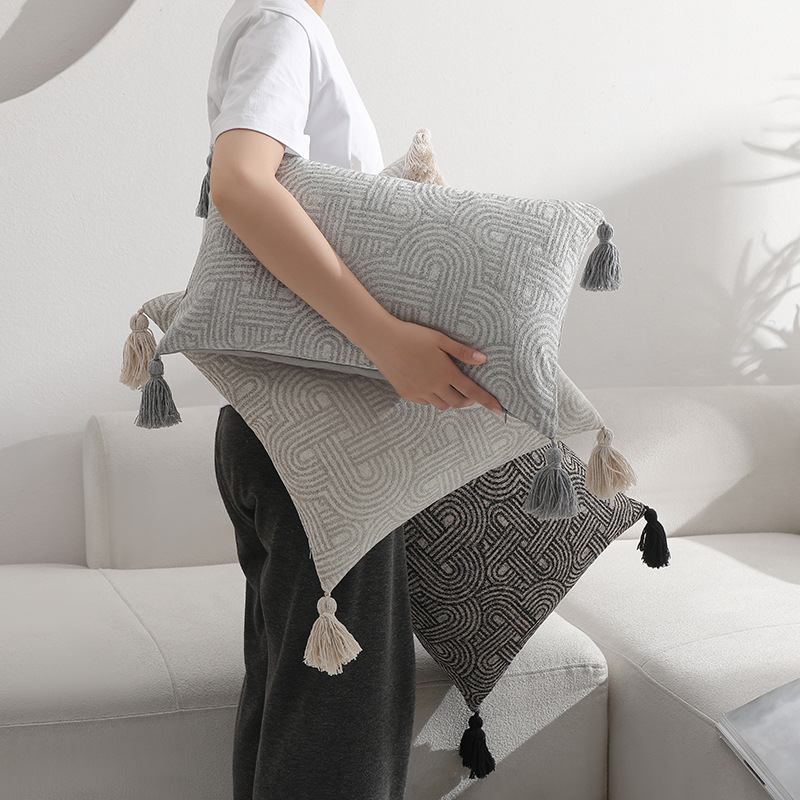 Beige Chic Geometric Jacquard Cushion Covers with Tassels - Set of 2, Plush Blend for Sofa & Bed Decor (45x45cm, Insert Not Included) โ image 3