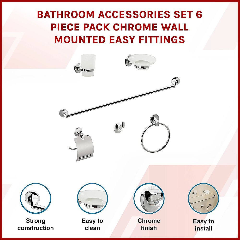 6 Piece Chrome Bathroom Accessories Set Wall Mounted Towel Rail Toilet Roll Holder Robe Hook โ image 4