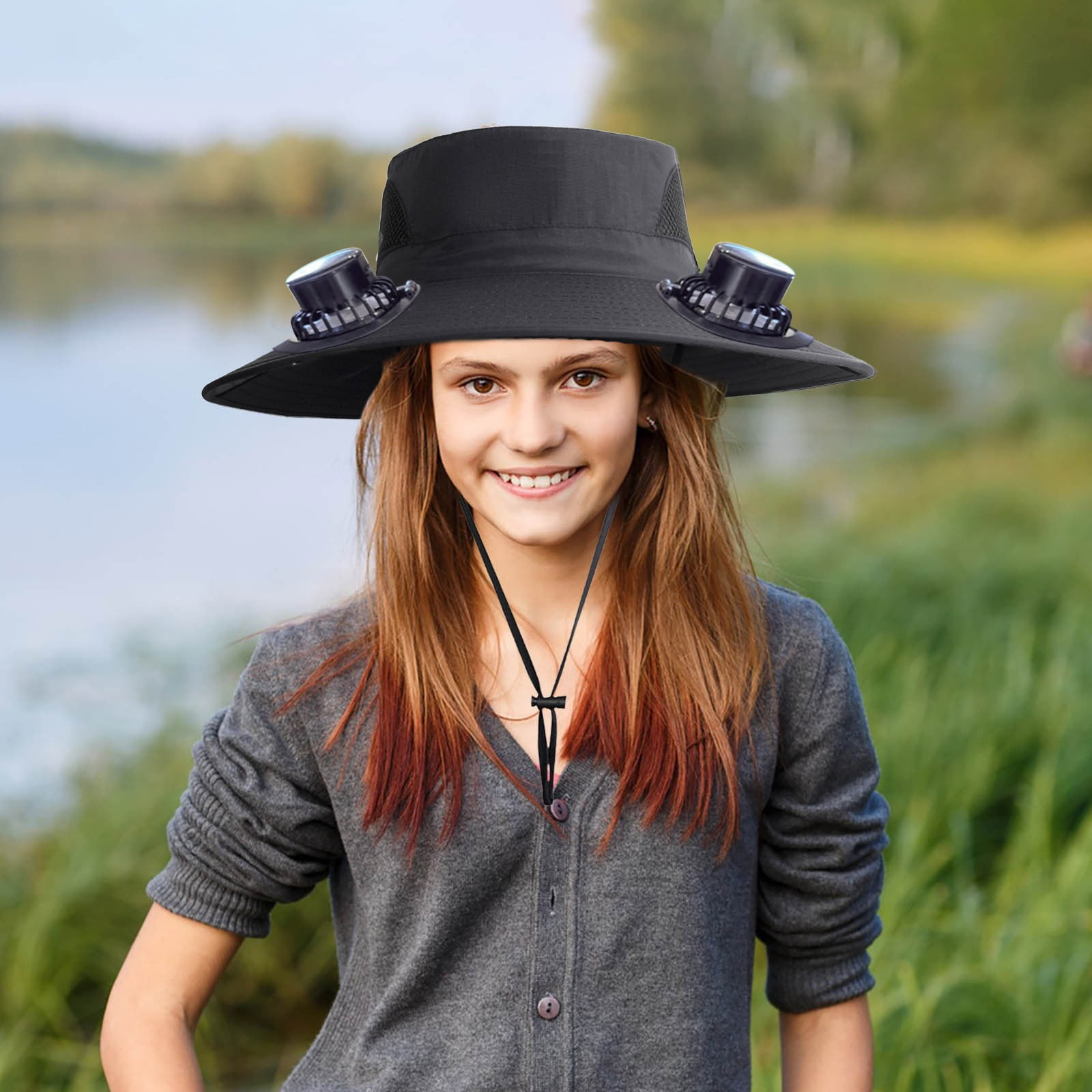 Wide Brim Solar Fan Hat with 2 Solar Fan, Fan Built in Hat with Fans Solar Power, Solar Powered Fan Hat for Outdoor Fishing Travel, 3 Speed Adjustable Fan Hat — image 5