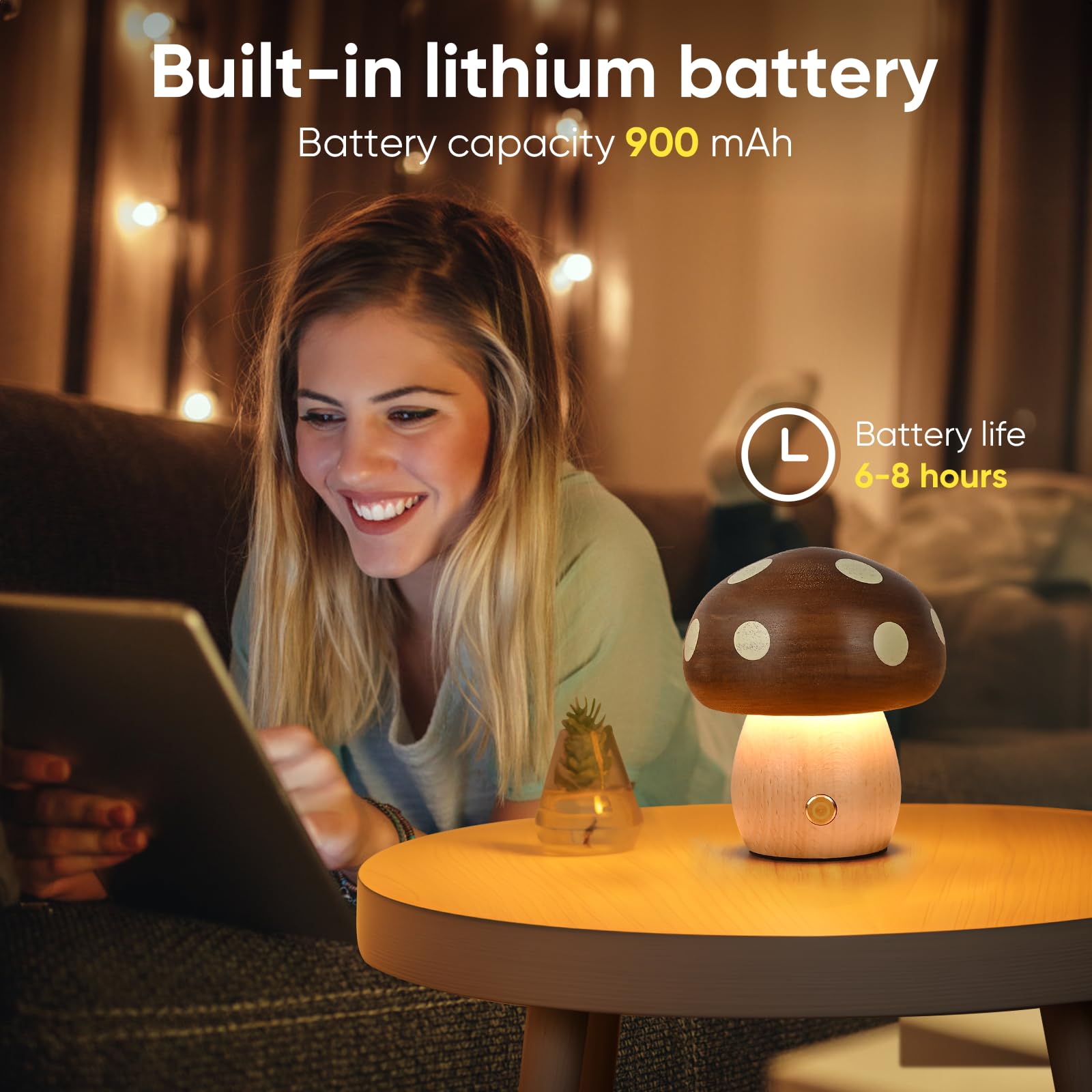 Touch Control Mushroom Night Light – Rechargeable Wooden Desk Lamp with 4 Brightness Levels, Soft Warm Glow for Baby Nursery, Bedroom, or Travel (Wooden Color) — image 5