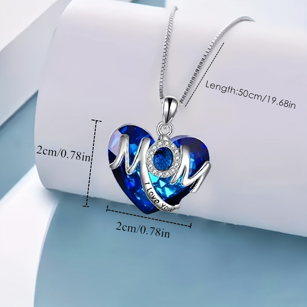 RED Exquisite Heart-shaped Blue Crystal "MOM" Pendant Necklace - Fashionable Women's Mother Necklace, Warm Family Love Jewelry, Romantic Mother's Day Gift — image 4
