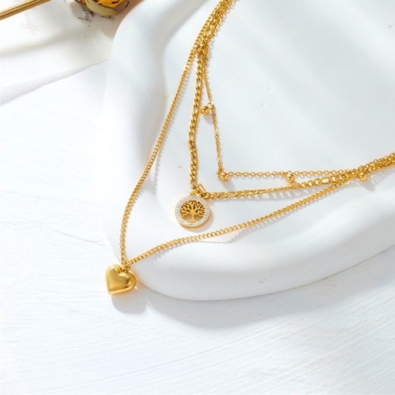 Three-Tier Layered Tree of Life Heart-Shaped Titanium Steel Necklace: 18K Gold-Plated Collar Chain—A Simple, Elegant Cuban Chain Necklace for Women — image 3