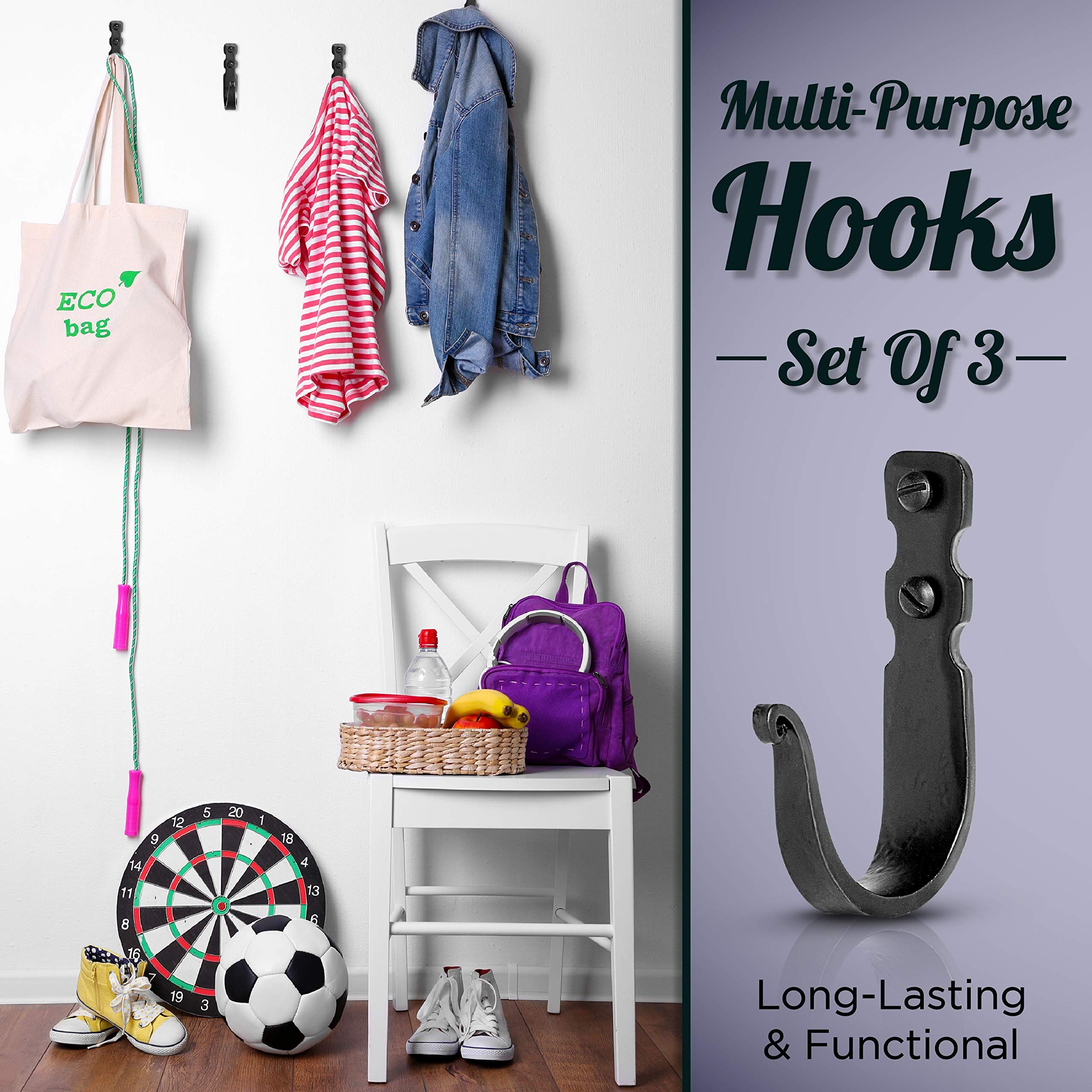 Decorative Hooks for Wall - Wall Hooks for Hanging Coats, Rustic Towel Hooks for Bathrooms or Kitchen - Pack of 3, Black โ image 3
