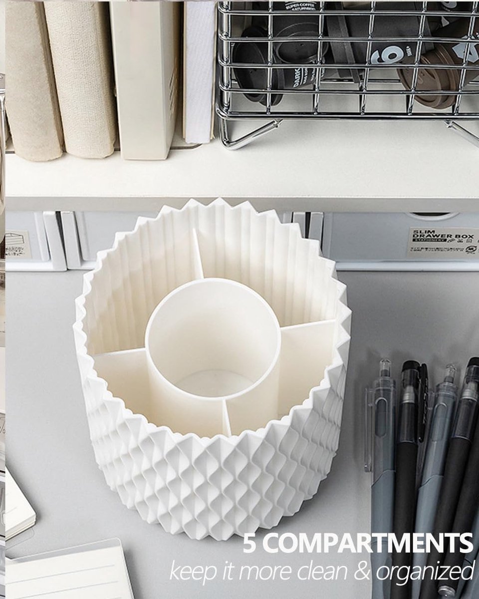 Pen Holder - Multifunctional - Makeup Brush Holder 5 Compartments - Aesthetic Design for Home Office Students - White — image 2