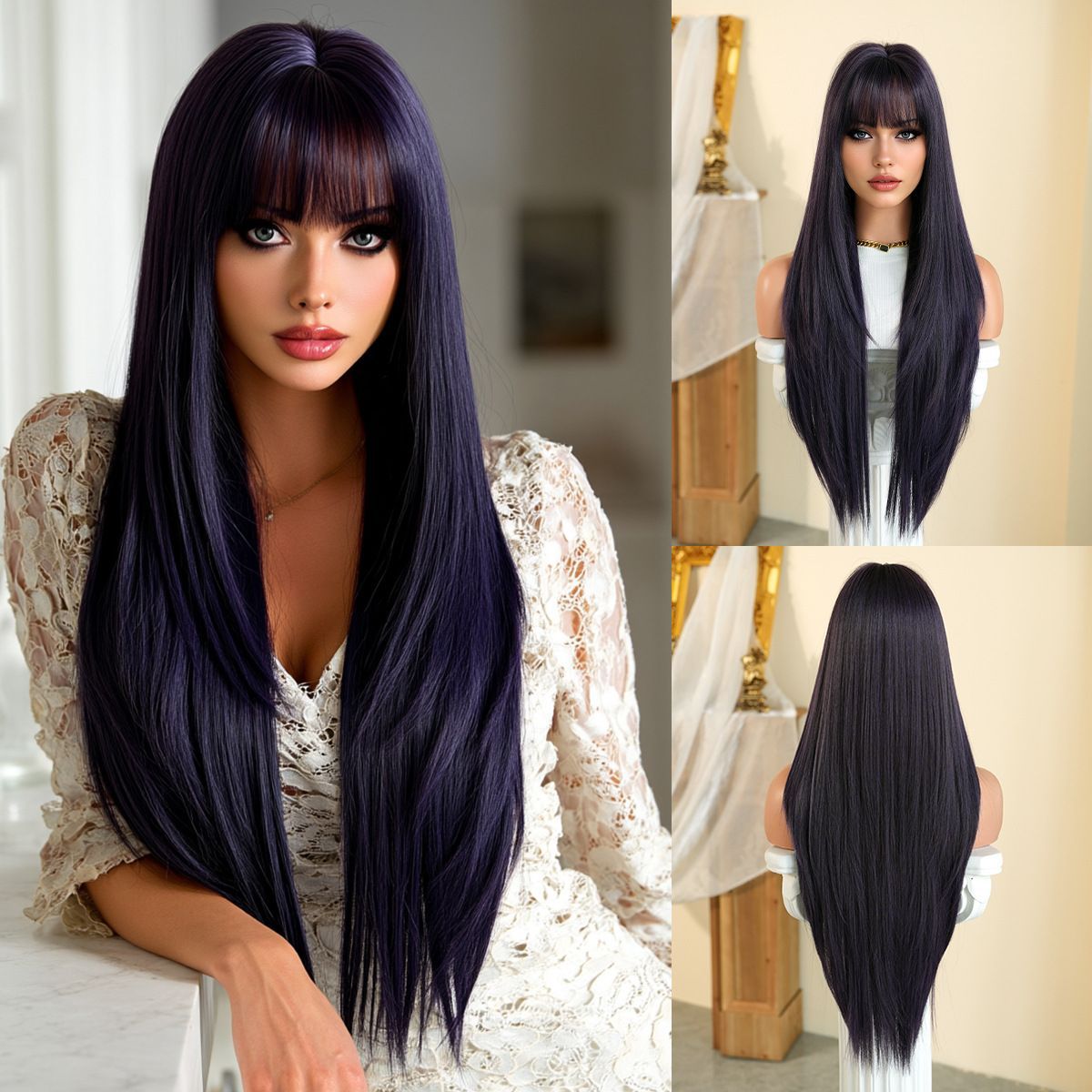 High-Density Synthetic Wig Heat-Resistant Wig Tea-Colored Wig Long Straight Wig - Orchid Purple - Size 85cm-33inch