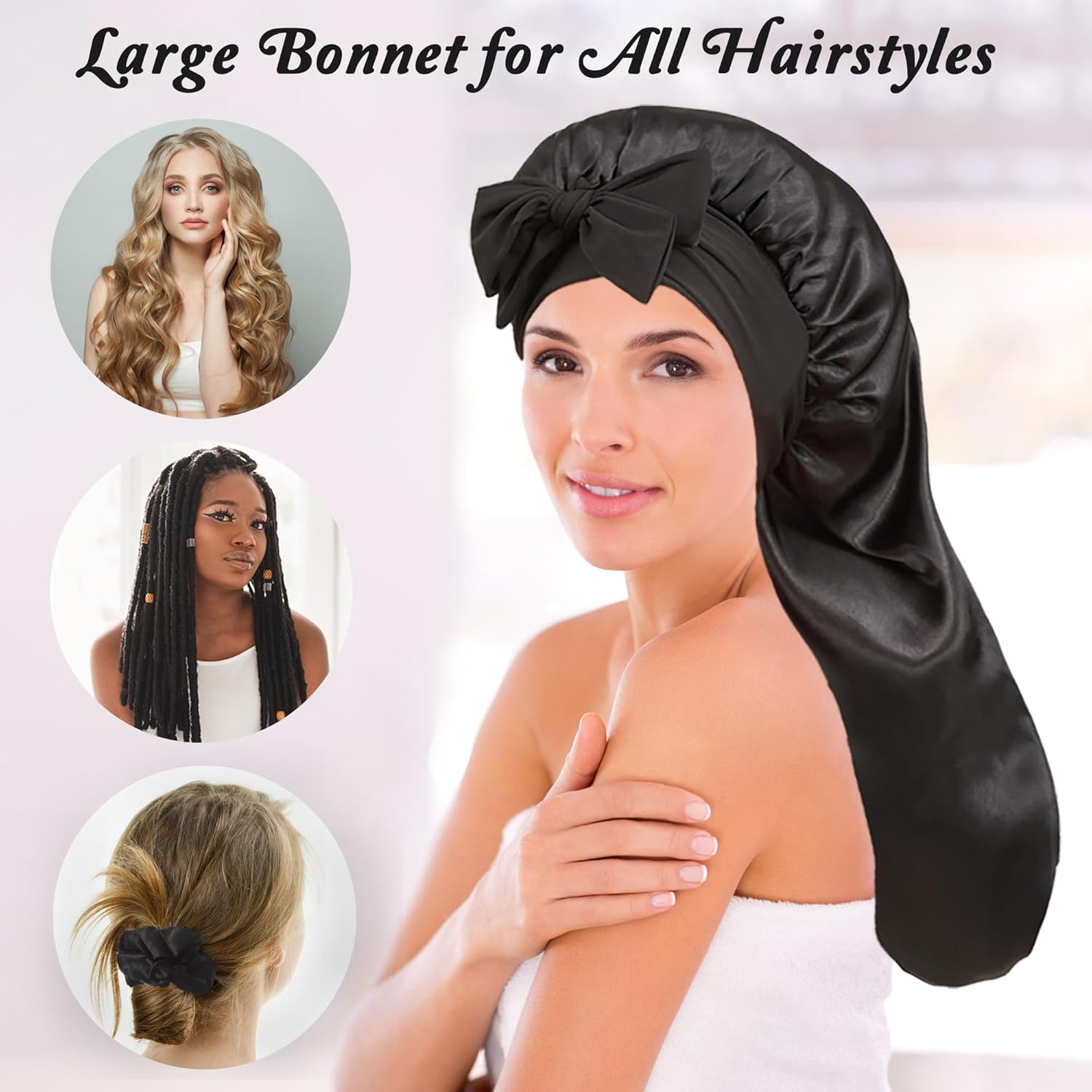 Long Bonnet with Tie Band, Satin Hair Silk Bonnet for Sleeping Women, Sleep Bonnets for Women, Double Layer Silky Sleep Cap for Curly Hair Braids — image 3
