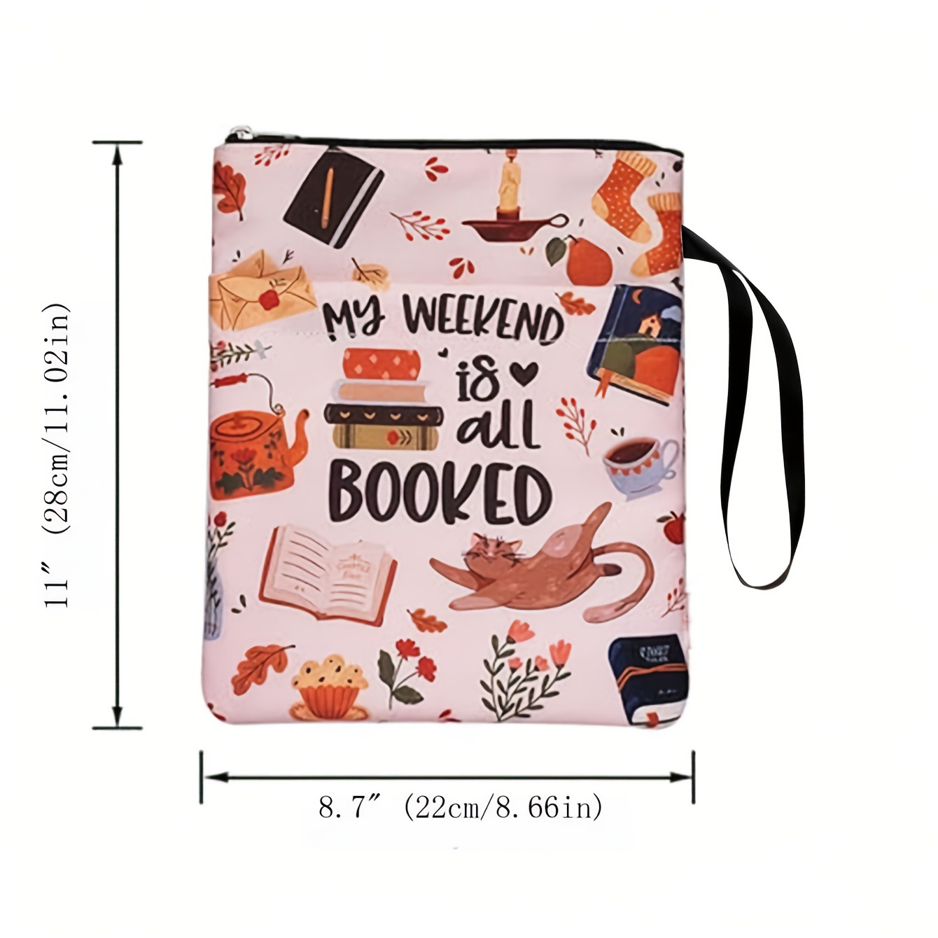 Cat Teacup Zippered Book Sleeve with Printed Design – Waterproof Protective Cover for Books, Ideal for Readers and Students with Extra Pocket & Carry Strap — image 6