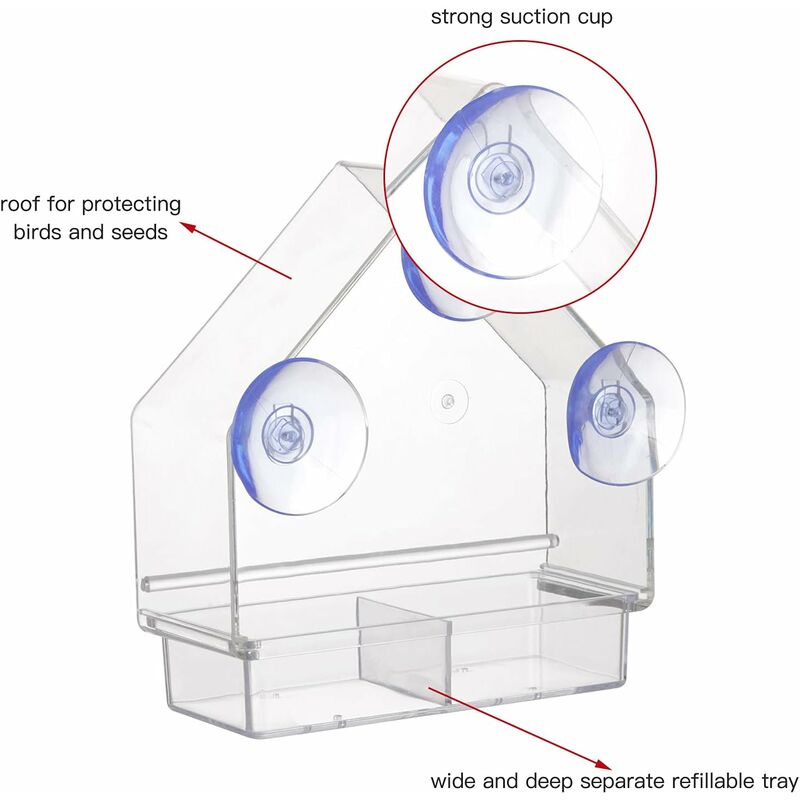 Clear Bird Feeder With Super Strong Suction Cups Removable Tray Refillable Weatherproof โ image 4