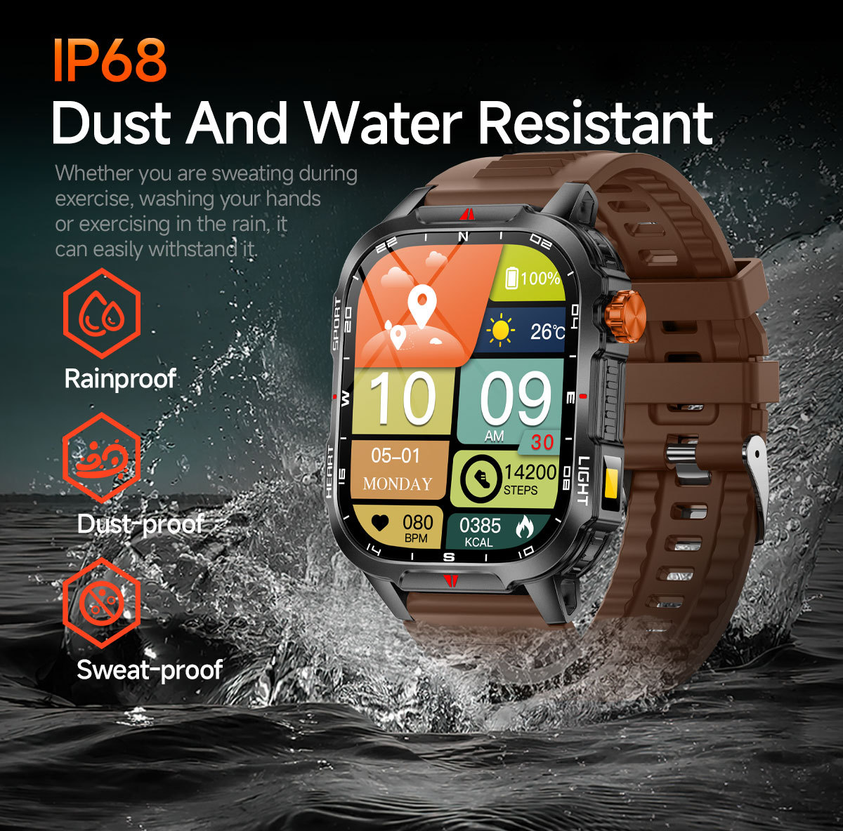 Rugged Outdoor Smart Watch for Men - 1100mAh Extra Long Battery with LED Flashlight & Compass - 2.01" HD Screen Bluetooth Calling IP68 Waterproof Fitness โ image 6