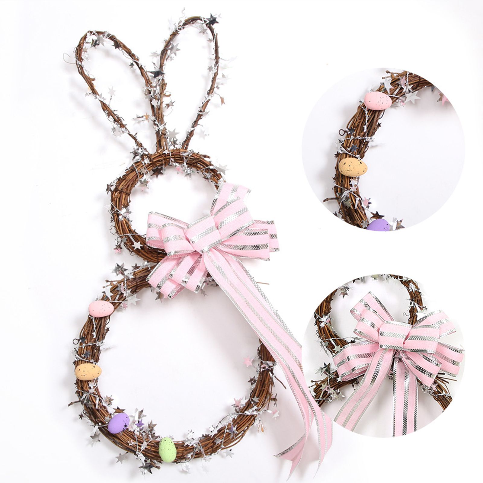 Easter Bunny Hanging Led Colored Lights Rattan Circle Easter Bunny Wreath Diy Decorative Door Hanging — image 2