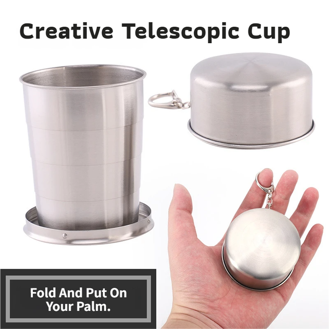 3-Capacity Gold Stainless Steel Collapsible Travel Cup Set(75ml + 150ml + 250ml) - Compact Telescopic Drinking Cup with Keychain & Dust-Proof Lid for Outdoor β image 3