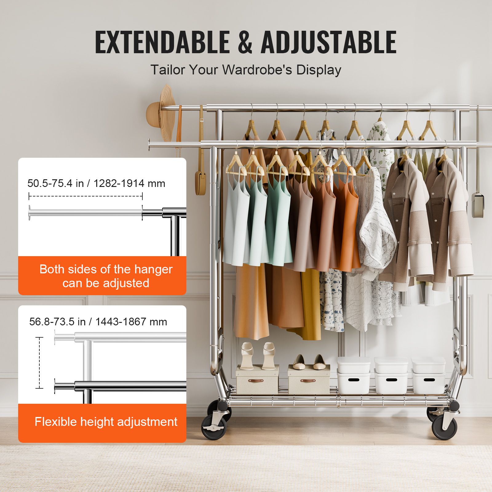 Heavy Duty Clothes Rack, Double Hanging Rod Clothing Garment Rack for Hanging Clothes, Adjustable Height and Extendable Length Clothing Rack with Bottom — image 3
