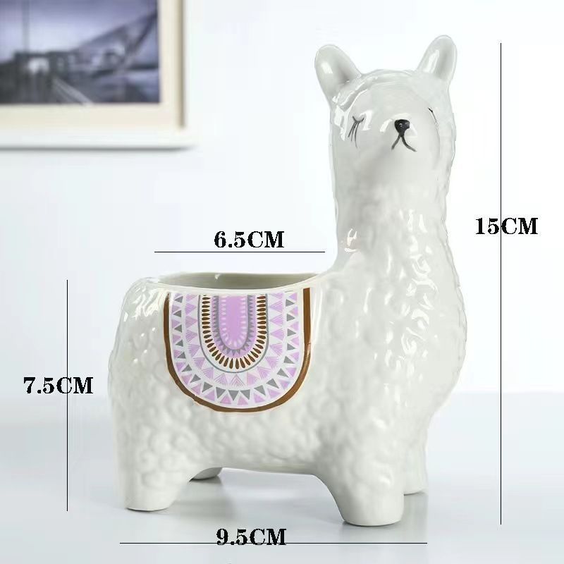 Red Ceramic Planter with Head Tilted Alpaca — image 3