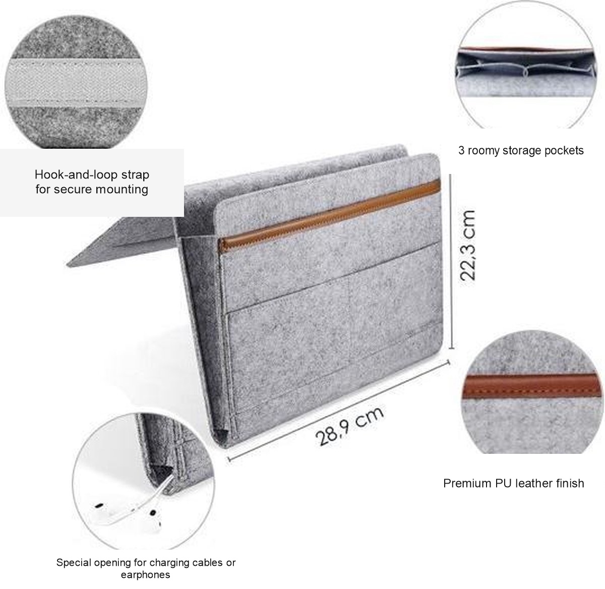 Grey Felt Bedside Caddy with Multiple Pockets, Bed and Sofa Organizer for Tablets, Books and Accessories โ image 2