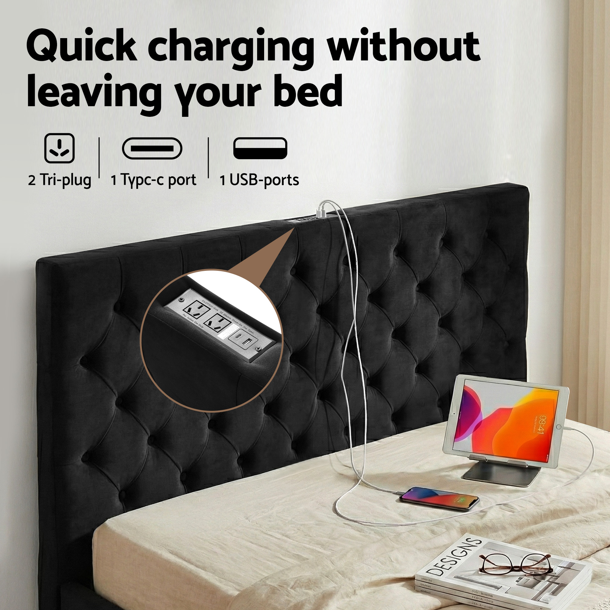 Artiss Queen Bed Frame Storage Charging Station Upholstered 3 Drawers USB Type-C โ image 4