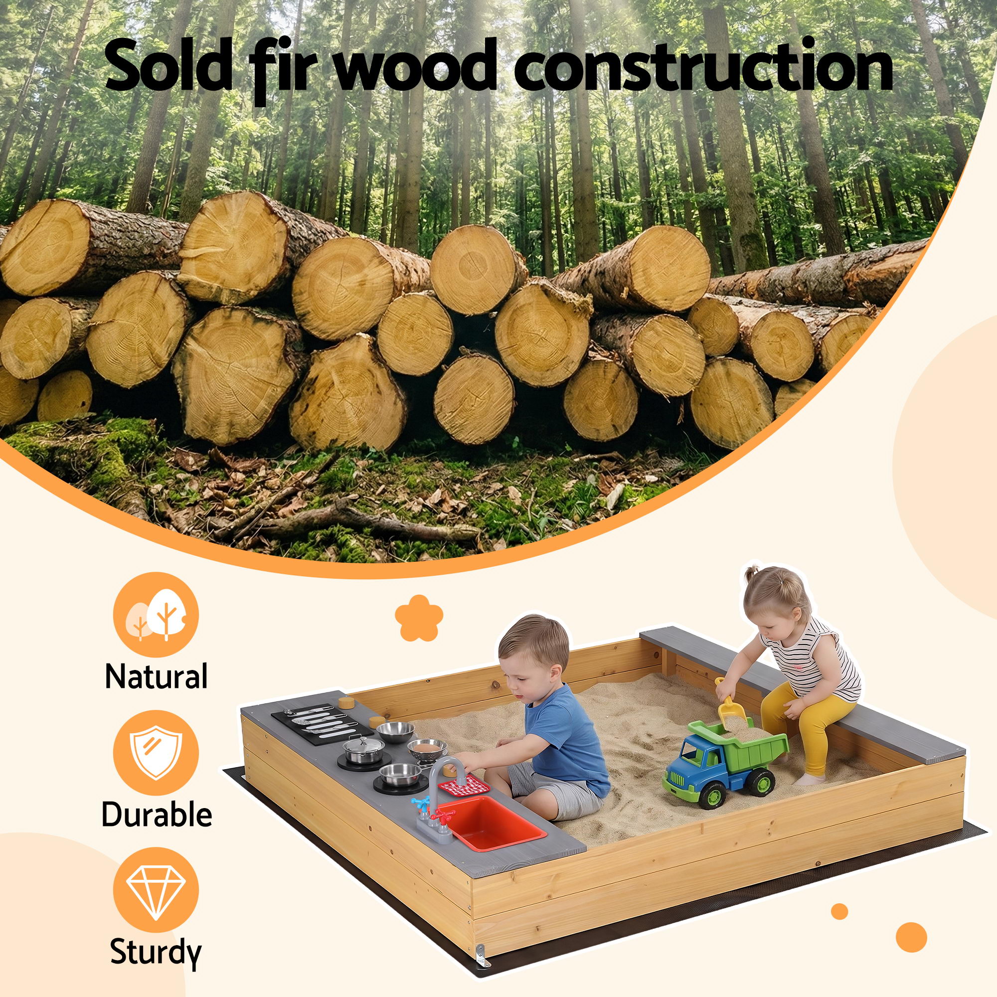 Keezi Wooden Sandpit Sand Pit Outdoor Kids Toy Box Mud Kitchen Sink Storage Bench — image 6