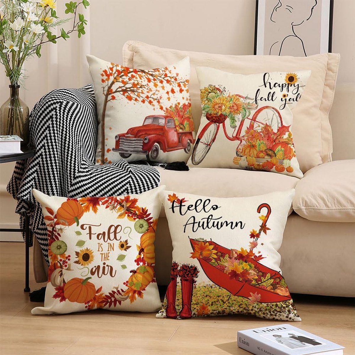 Halloween Theme - Fall Pillowcases - Linen - Bedroom Decor Pillowcases - Living Room Decor Pillowcases - Sofa Decor Pillowcases - 45 x 45 cm - Four-Piece Set — image 2