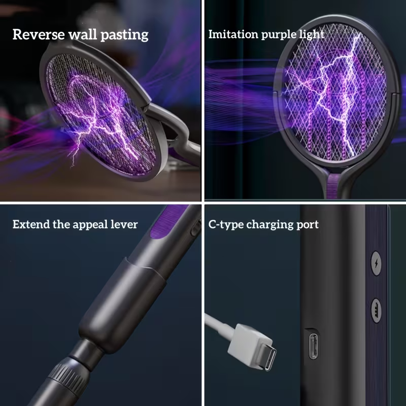 2-in-1 foldable and extendable electric mosquito swatter and purple insect lamp rechargeable fly swatter - USB-powered extendable pole, suitable for indoor โ image 4