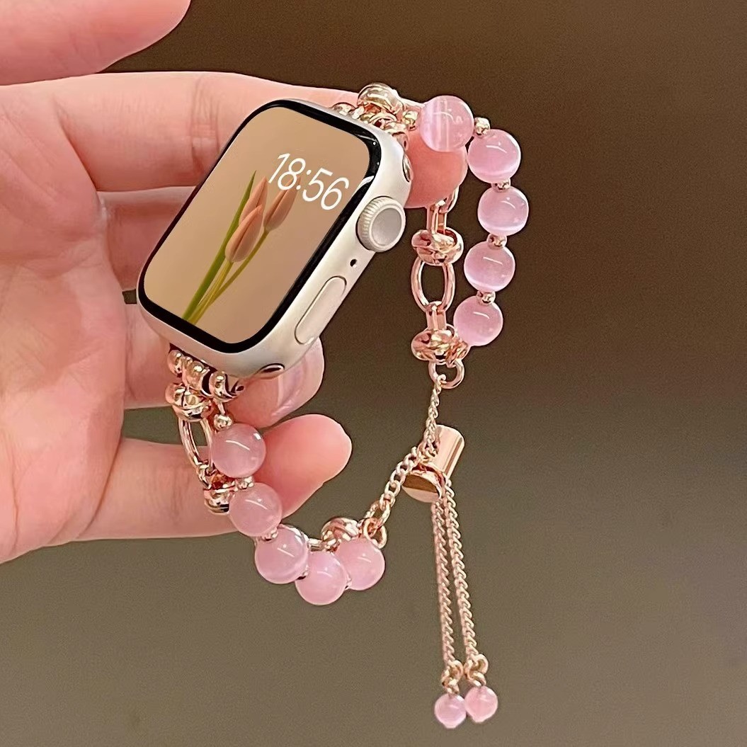 2-pcs Pink Elegant Cat's Eye Beaded Bracelet Band for Apple Watch - Women's Luxury Strap (Compatible Size:38/40/41MM ) โ image 2