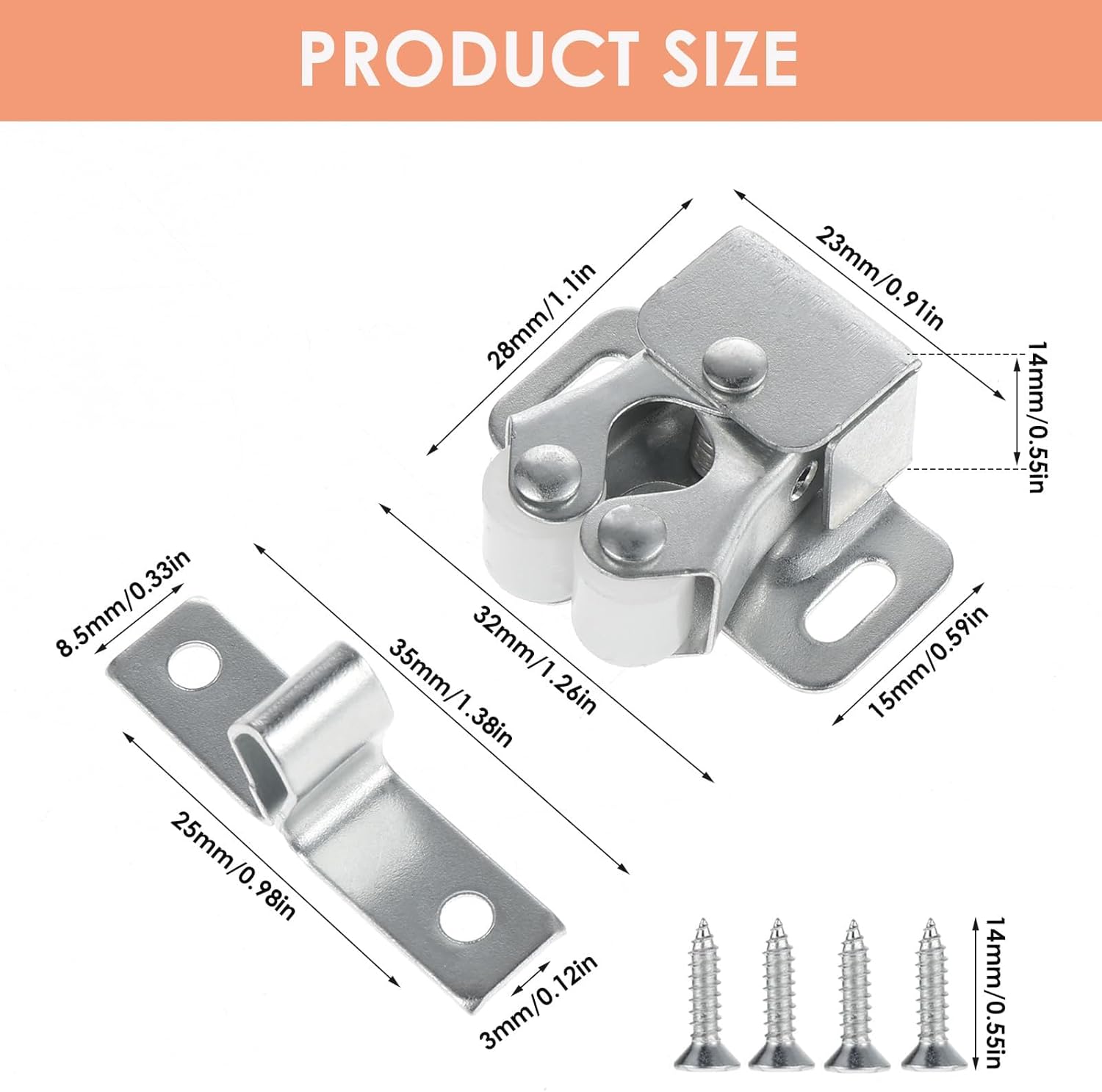 Petluno 6 pack double roller cabinet lock, roller catch hardware for cupboard kitchen cabinet door locks, cabinet door locks and latches with screws, silver — image 2