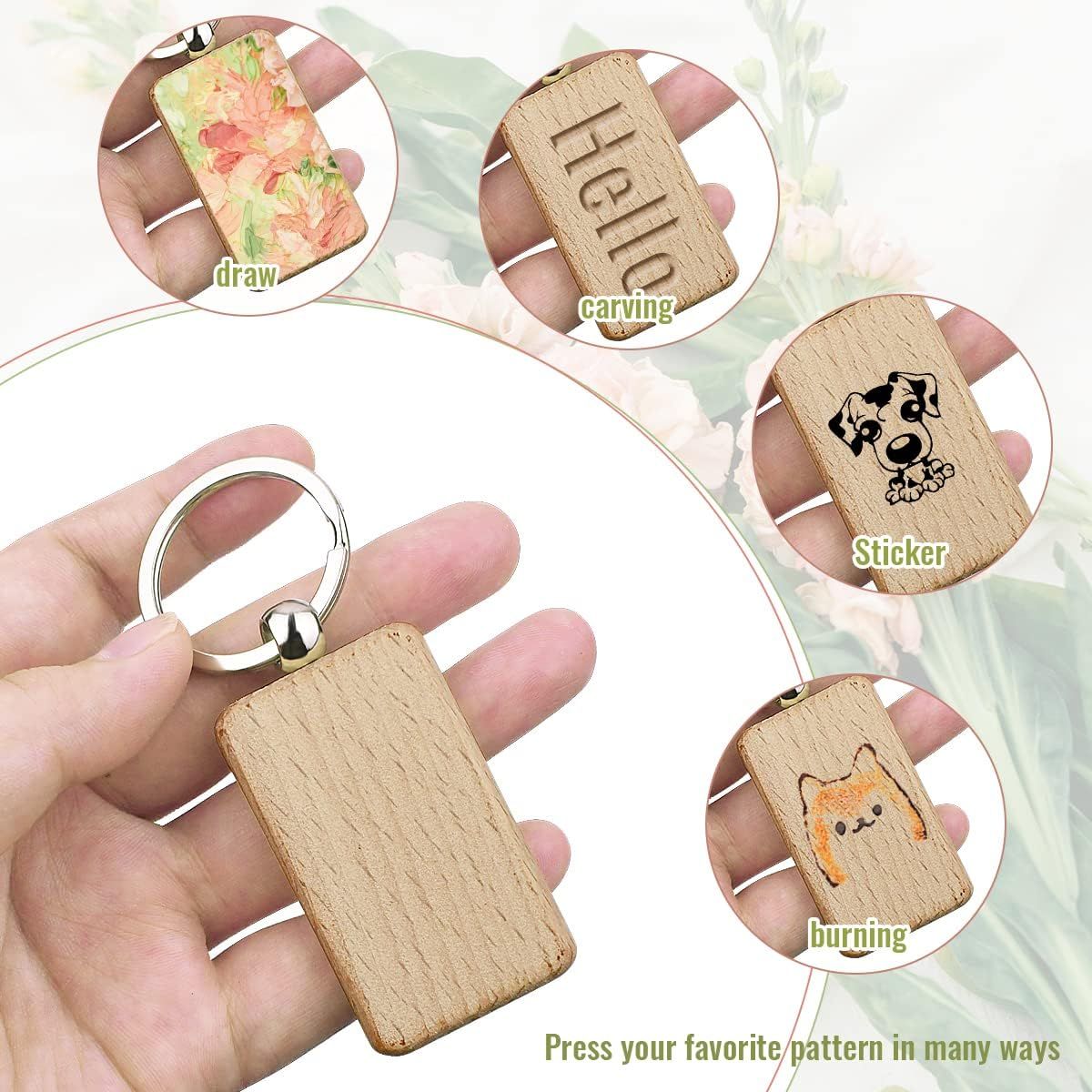 10 Pieces Unfinished Rectangle Wooden Keychains with Split Rings, Blank Wood Tags for Engraving, Painting, DIY Gifts and Crafts, 3 cm โ image 4