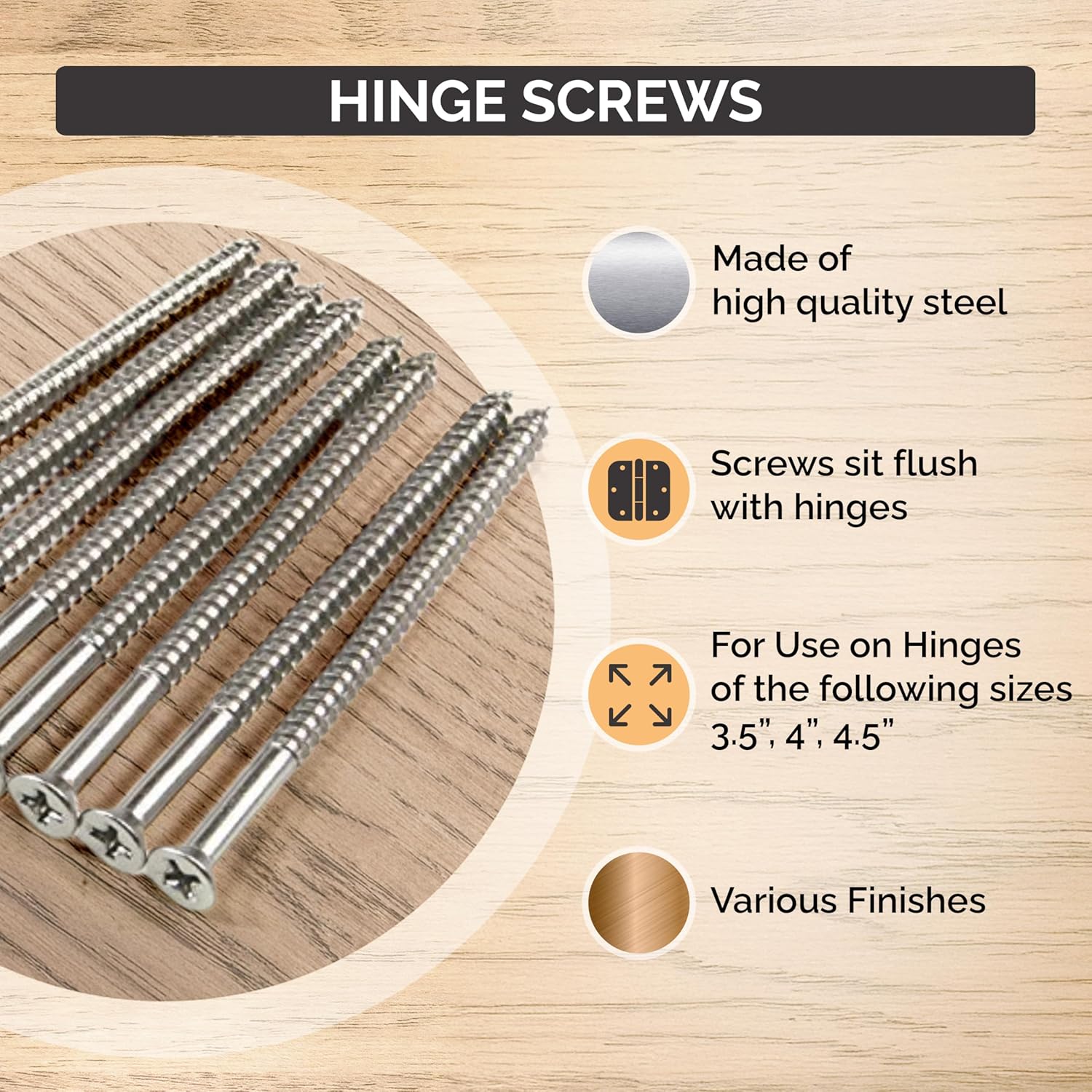 Satin Nickel Wood Screws, Heavy-Duty Screws for Doors, Cabinets, Furniture & DIY Projects (9 x 3 Inch – 24 Pack) — image 2