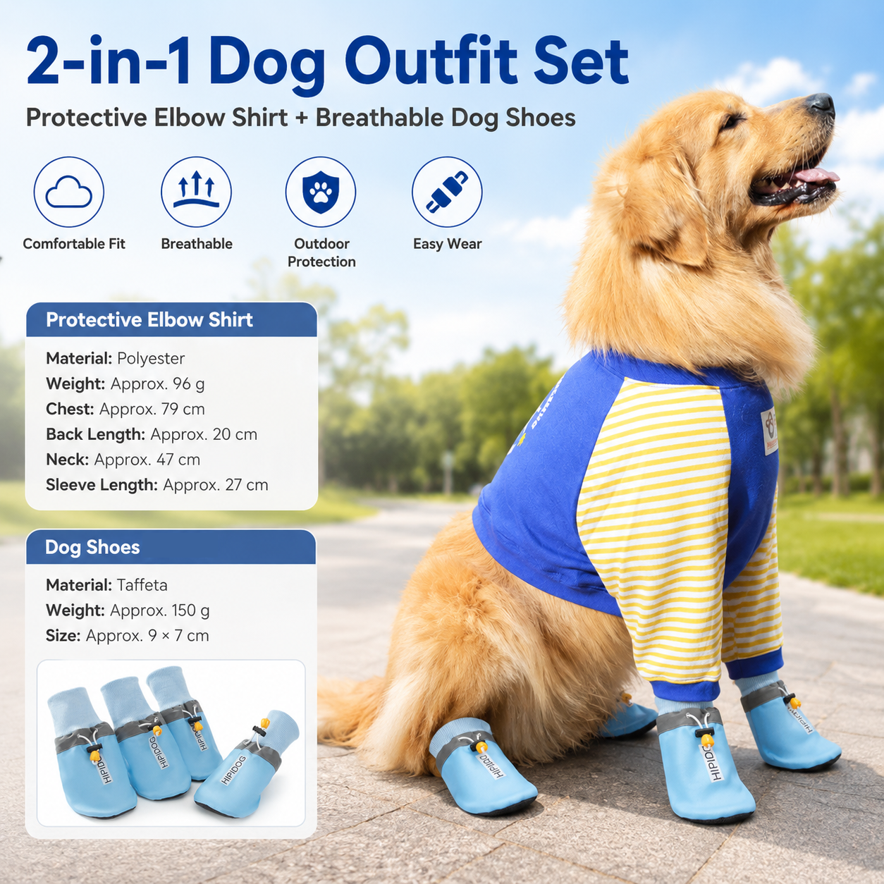 Blue 4XL Size Dog Protective Care Set - Polyester Elbow Sleeve, Adjustable Taffeta Dog Boots with Non-Slip Sole, Breathable Joint Support Clothing and Paw — image 2