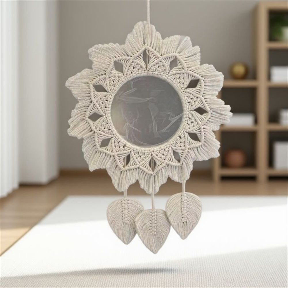 Hanging Wall Macrame Fringe Round Decorative Mirror with Beads Feather Pendant,Art Ornament for Apartment Home Bedroom Living Room — image 5