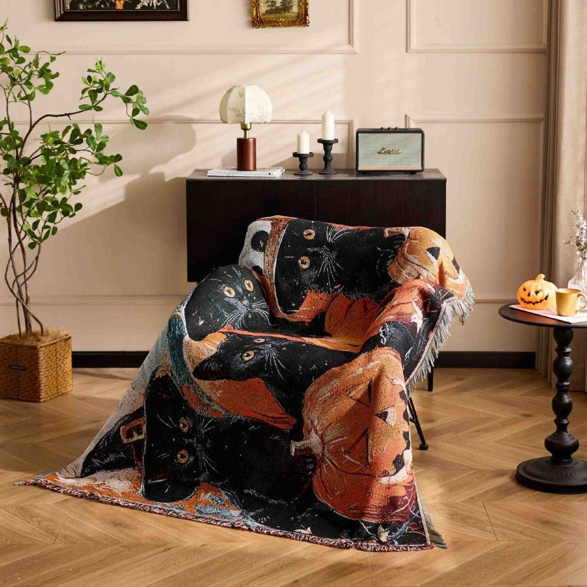 Multi‑Functional Festive Tapestry Throw Blanket, For Christmas & Halloween Home Ornament, Soft Lunch Break Rest Blanket, Black Cat With Hat Halloween Pattern