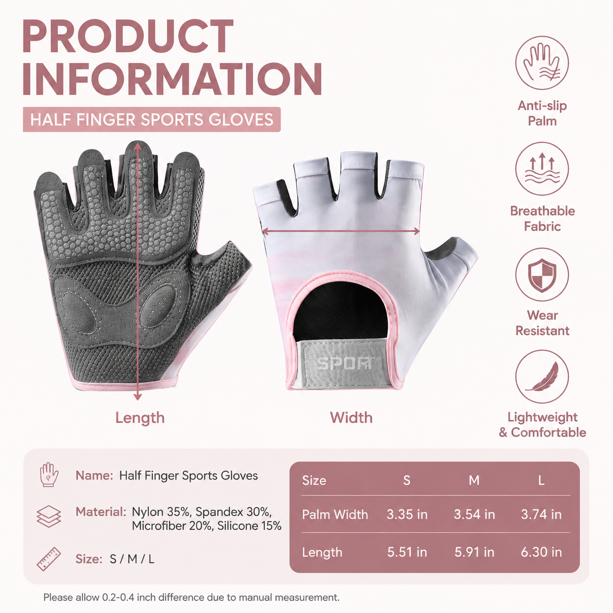 Women and Men Gym Gloves (Pink Size L)- Breathable Half Finger Workout Gloves with Wrist Support, Shock Absorbing Non Slip Weight Lifting Gloves for โ image 5