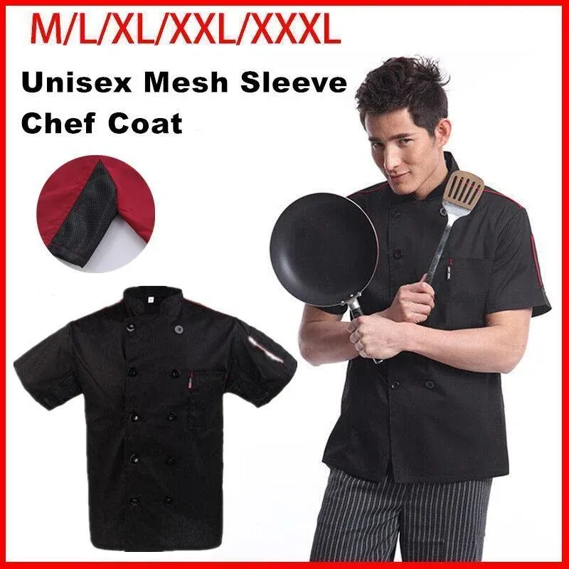 Black Unisex Mesh Sleeve Chef Coat Jacket Restaurant Hotel Cook Short Uniform - XL — image 2