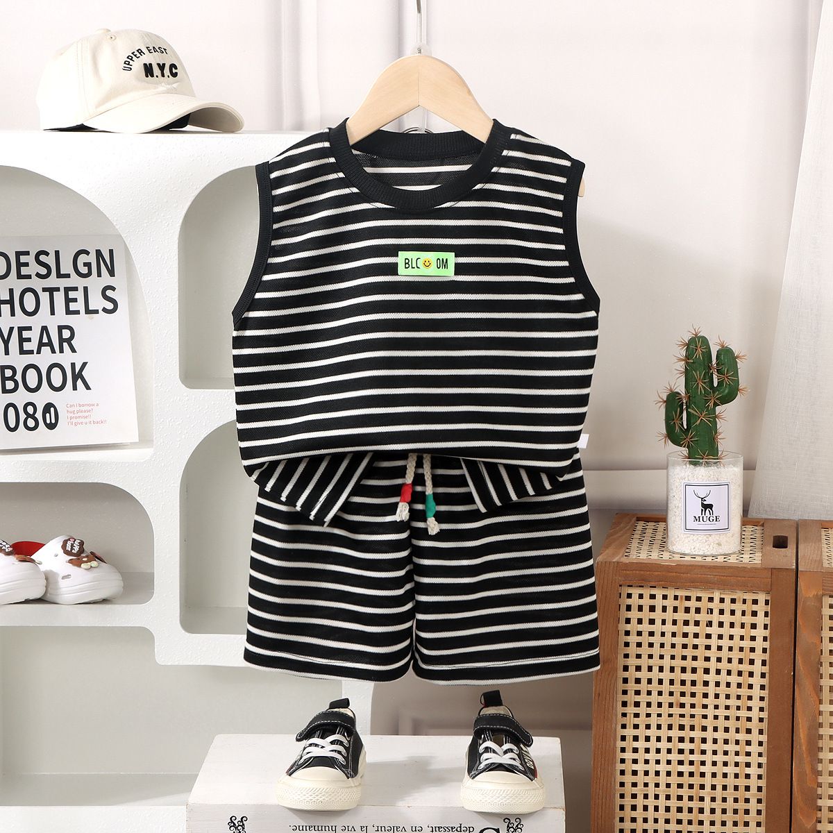 Kunxi Beibei Boys Girls Summer Striped T-Shirt... Han Fan White Stripe Suit 110cm — image 6