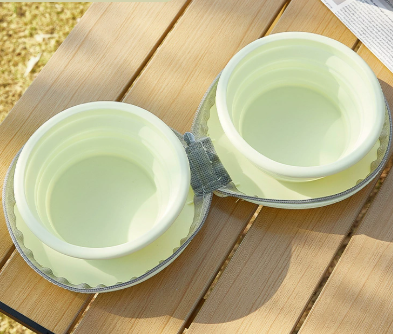 Light Yellow Portable Collapsible Double Pet Bowls for Dogs and Cats - 2x 450ml Food Grade Silicone Travel Feeder with Zippered Paw Carrying Case - Lightweight