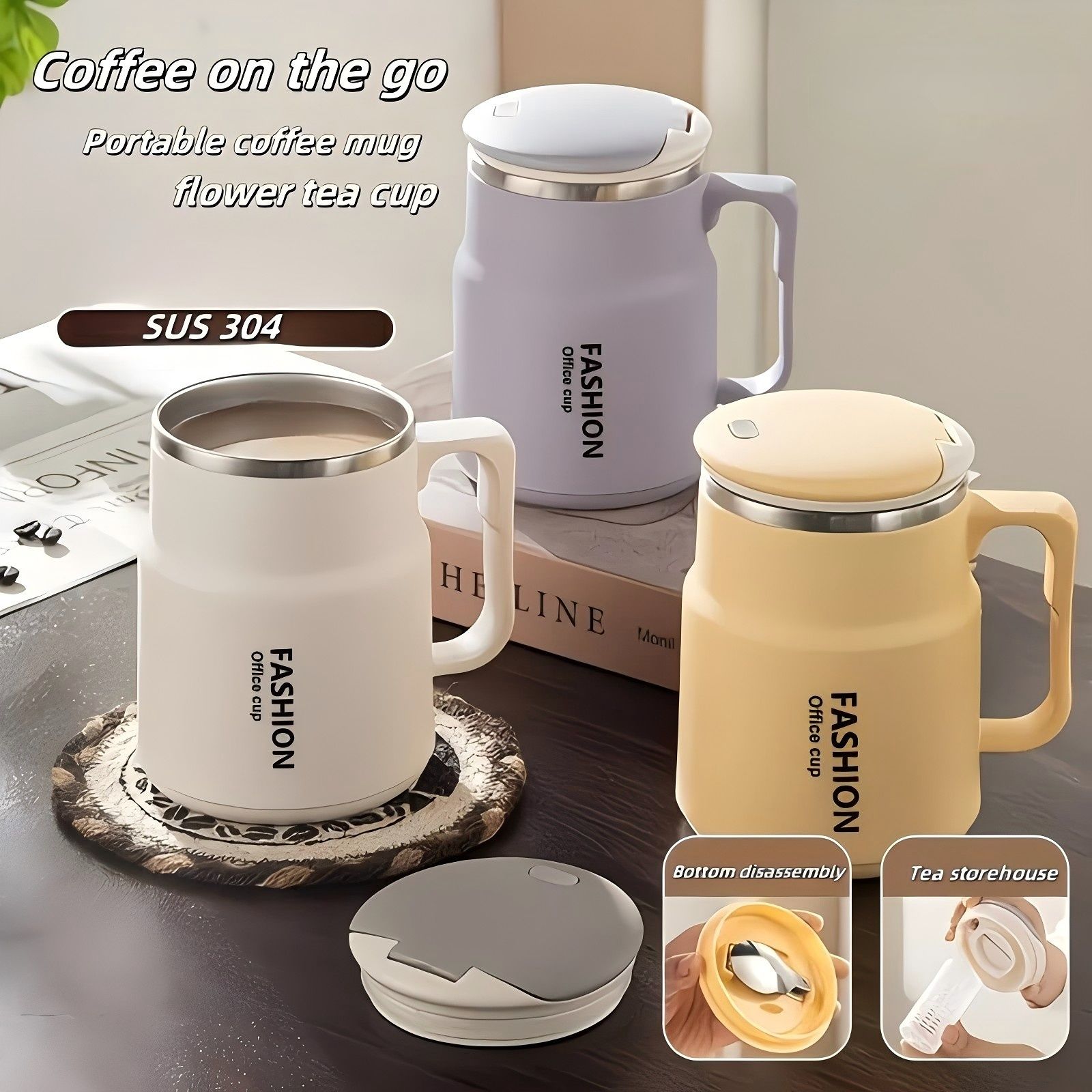 600ML Multi-Functional Mug, Three Drinking Modes: Direct Drink, Straw, Open Mouth, Bottom Storage for Folding Spoon, 304 Stainless Steel Inner Liner – A — image 2