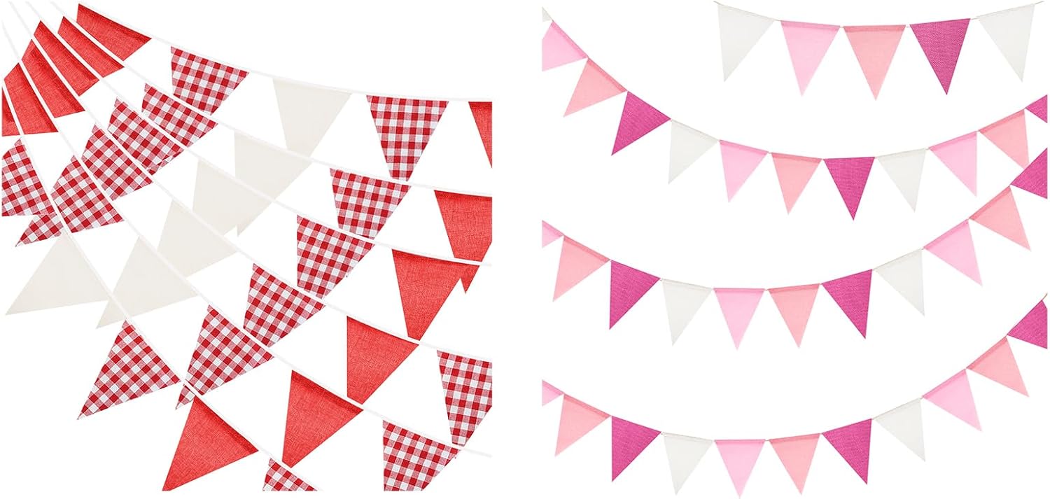 Red and White Checkered Banner, Pennant Banner Garland, Party Decorations Triangular Bunting Garland for Xmas, Wedding Décor, Birthday, Valentine’s Day